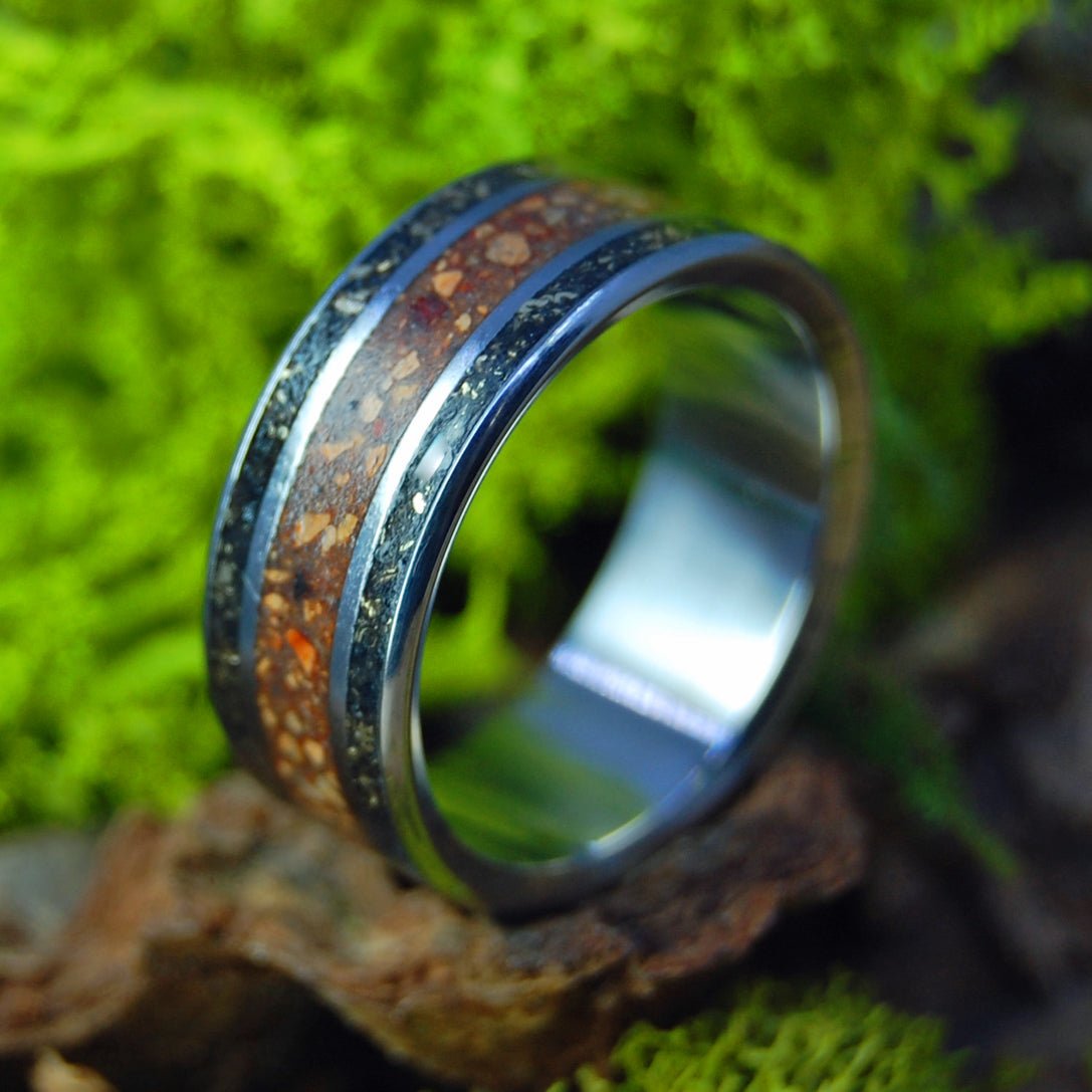 Fenway Ball To Iceland Gold | Men's Baseball Pitchers Mound Dirt, Icelandic Lava, Gold & Titanium Wedding Ring - Minter and Richter Designs