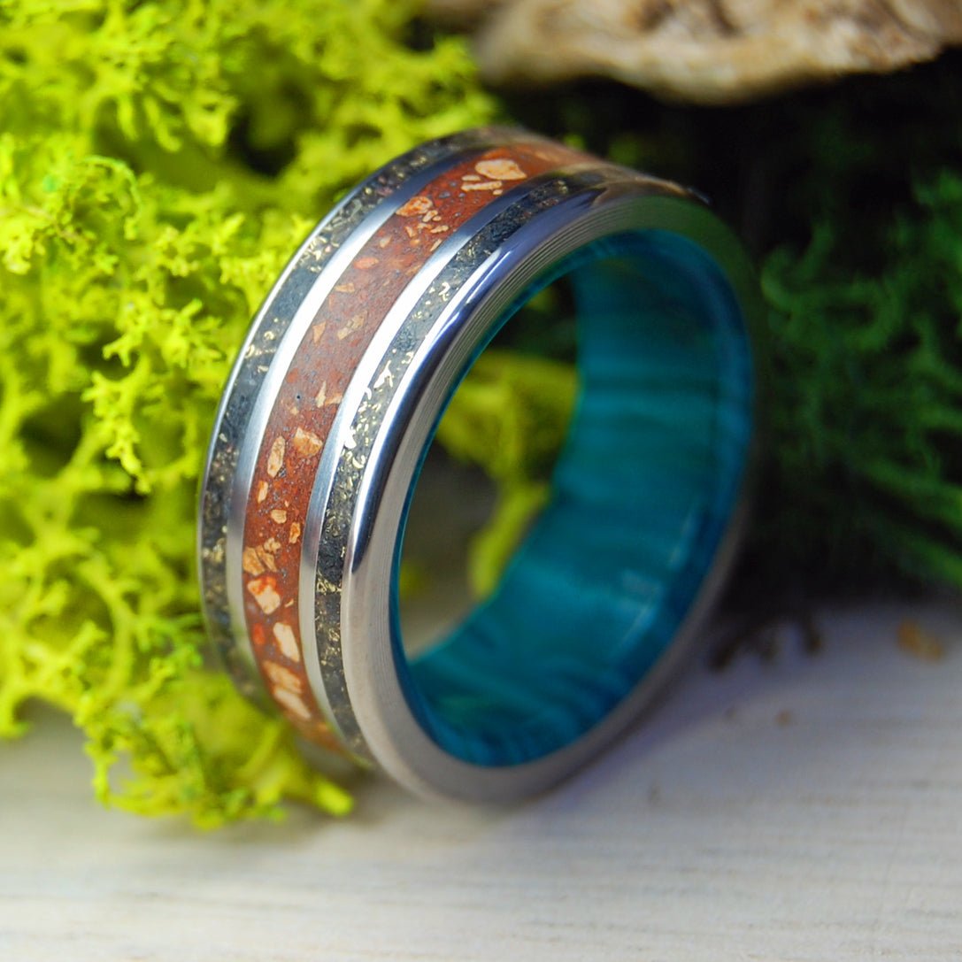 Fenway Ball To Iceland | Men's Baseball Pitchers Mound Dirt, Icelandic Lava, Gold & Titanium Wedding Ring - Minter and Richter Designs