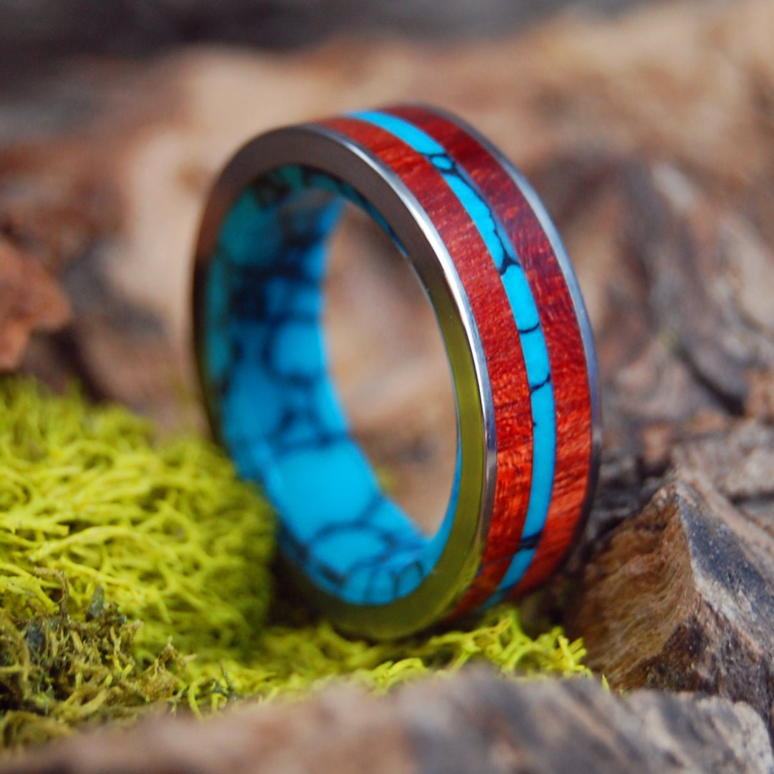 Flat In The Midst Of The Waters | Men's Bloodwood, Turquoise & Titanium Wedding Ring - Minter and Richter Designs