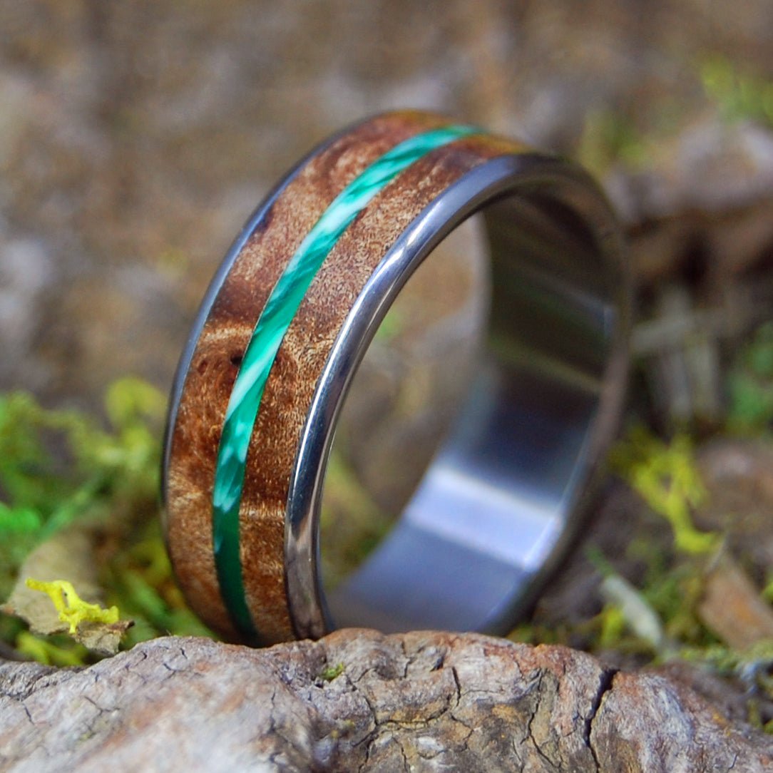 Flyer | Men's Green Vintage Resin, Dark Maple Wood & Titanium Wedding Ring - Minter and Richter Designs