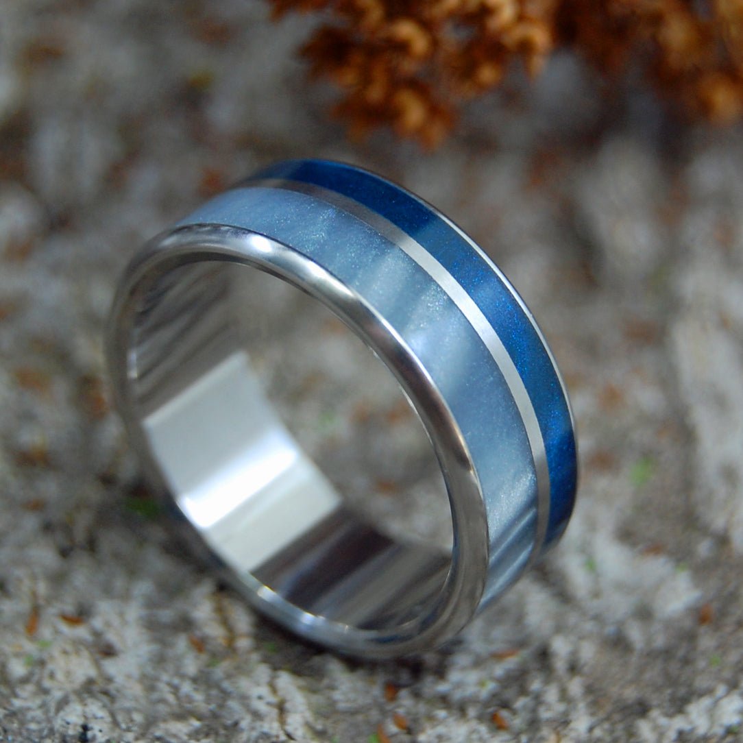 Fog Rising | Men's Gray Pearl, Aqua Resin & Titanium Wedding Ring - Minter and Richter Designs