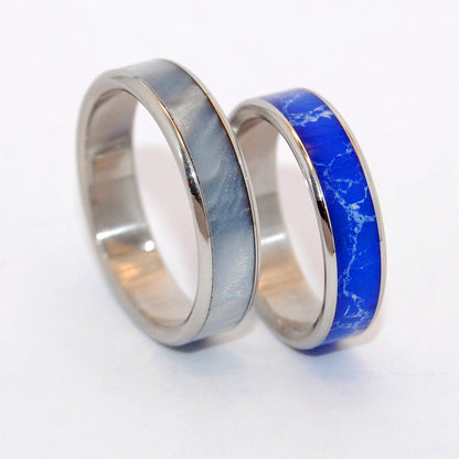 Fog Stars | Gray Pearl Opalescent & Sodalite Stone Titanium Wedding Ring Set - Minter and Richter Designs