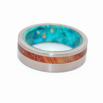 Further Than Stars | Men's Hawaiian Koa Wood, Turquoise Box Elder & Titanium Wedding Ring - Minter and Richter Designs