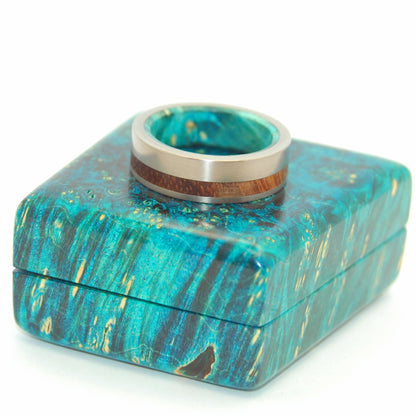 Further Than Stars | Men's Hawaiian Koa Wood, Turquoise Box Elder & Titanium Wedding Ring - Minter and Richter Designs