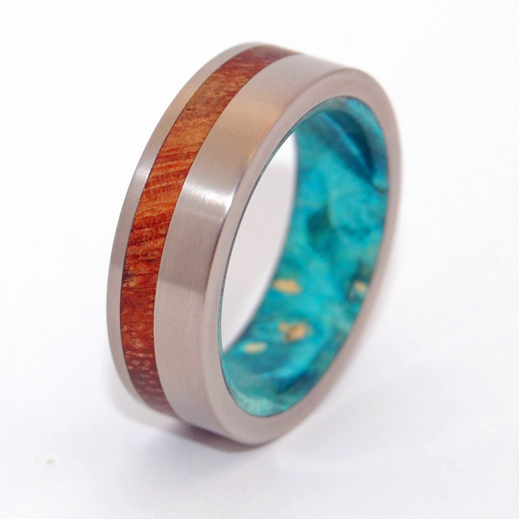 Further Than Stars | Men's Hawaiian Koa Wood, Turquoise Box Elder & Titanium Wedding Ring - Minter and Richter Designs