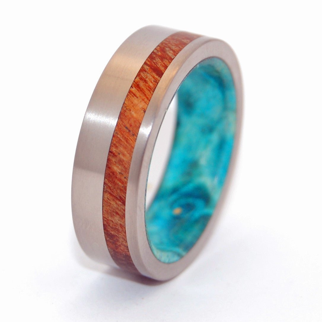 Further Than Stars | Men's Hawaiian Koa Wood, Turquoise Box Elder & Titanium Wedding Ring - Minter and Richter Designs