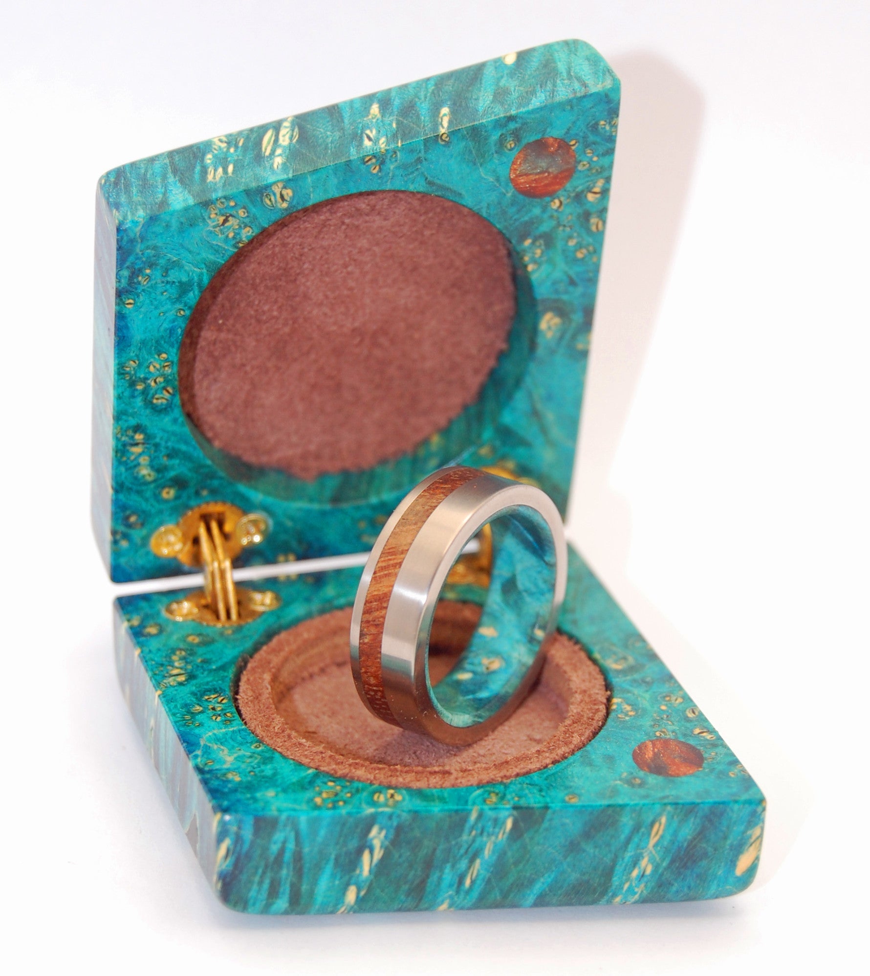 Further Than Stars | Men's Hawaiian Koa Wood, Turquoise Box Elder & Titanium Wedding Ring - Minter and Richter Designs