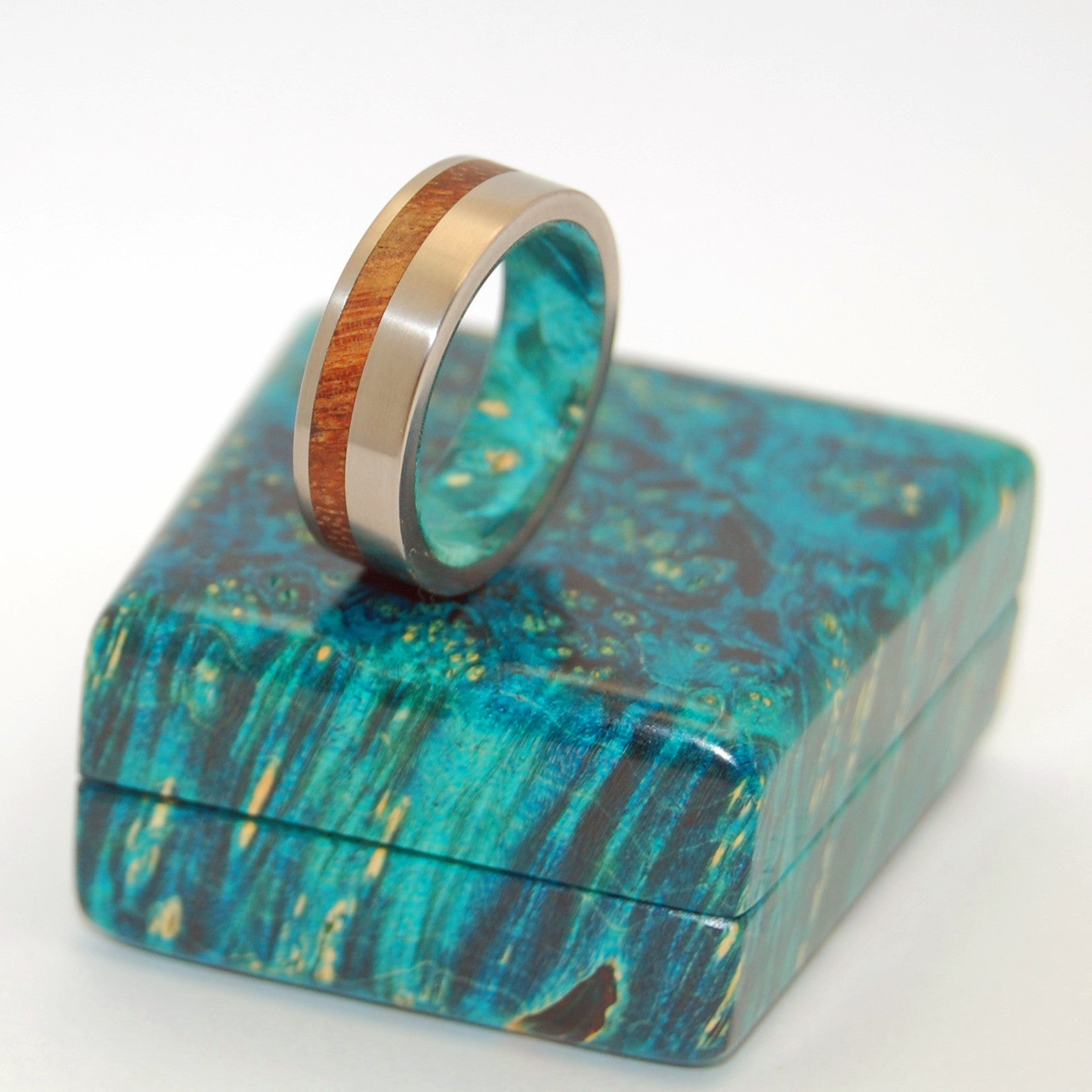 Further Than Stars | Men's Hawaiian Koa Wood, Turquoise Box Elder & Titanium Wedding Ring - Minter and Richter Designs