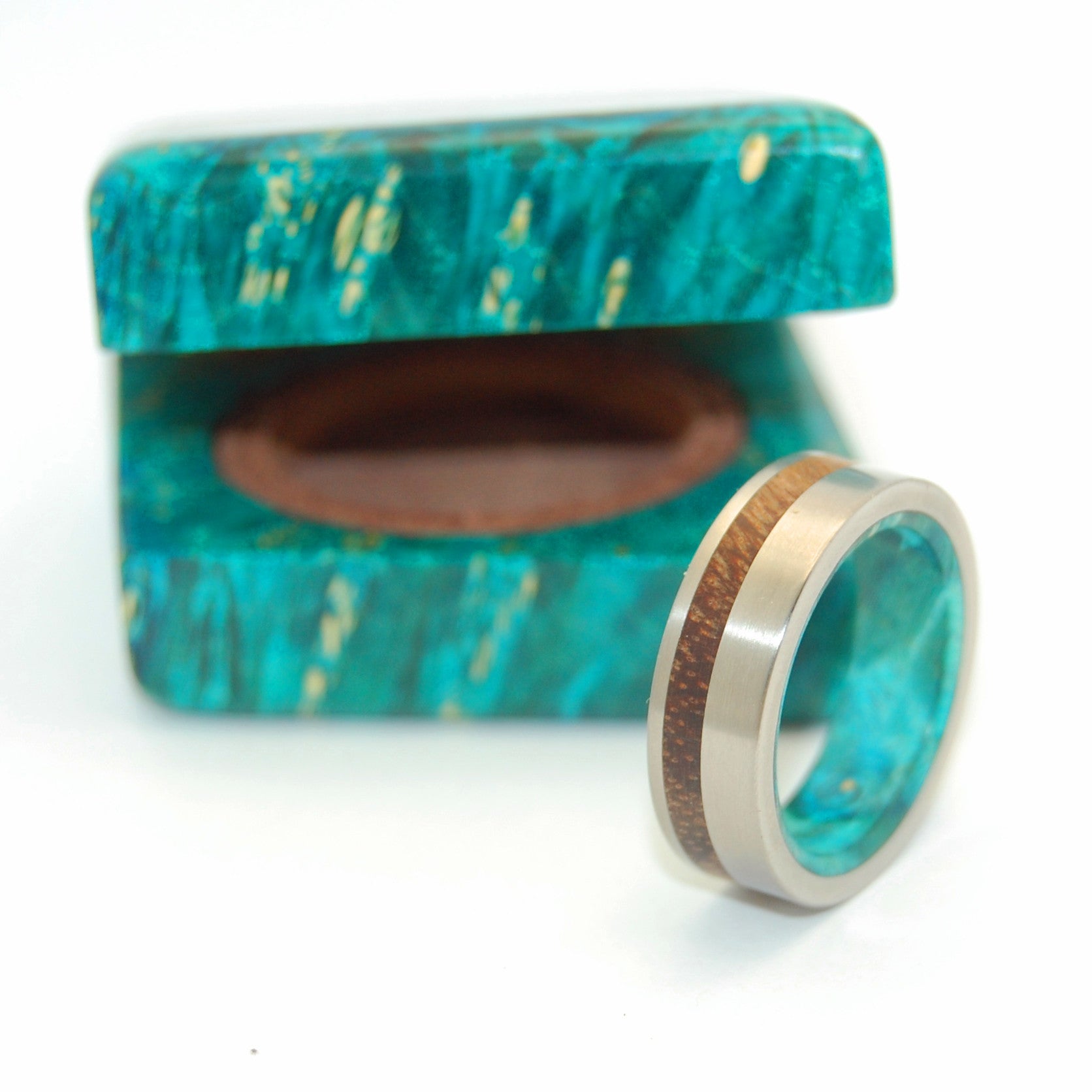 Further Than Stars | Men's Hawaiian Koa Wood, Turquoise Box Elder & Titanium Wedding Ring - Minter and Richter Designs