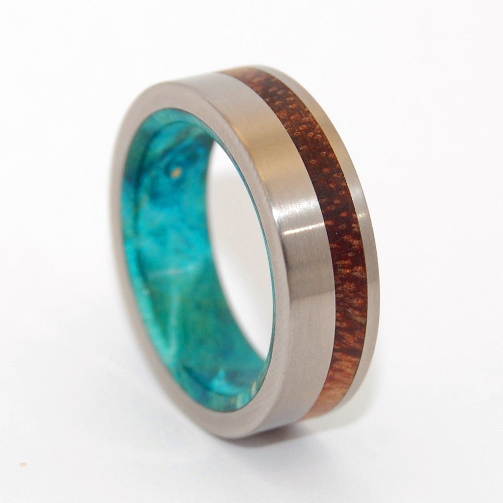 Further Than Stars | Men's Hawaiian Koa Wood, Turquoise Box Elder & Titanium Wedding Ring - Minter and Richter Designs