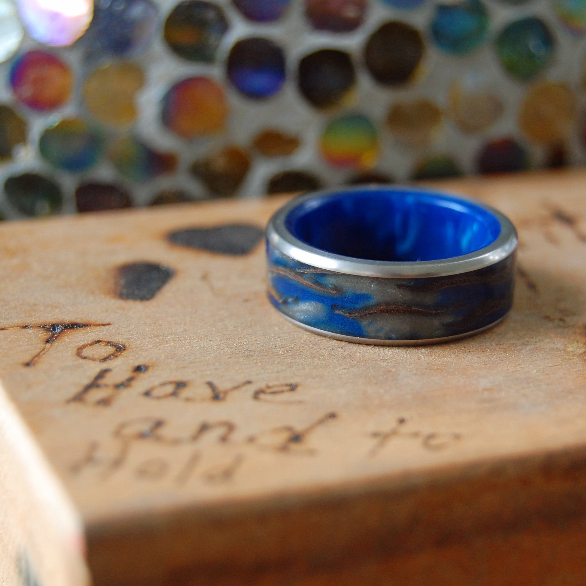 Galactic Love | Men's Pine Cone, Blue Resin & Titanium Wedding Ring - Minter and Richter Designs