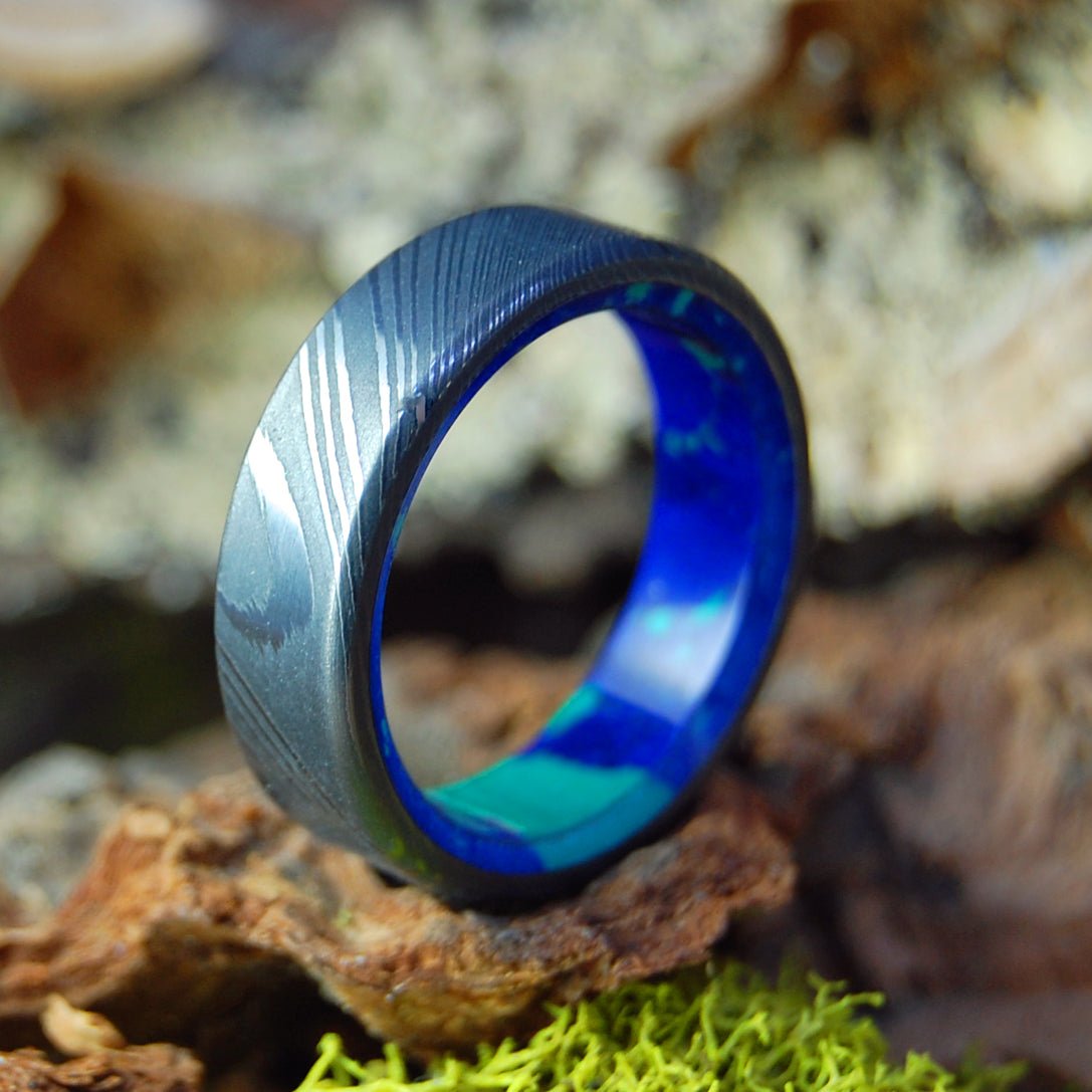 Galaxy Below | Men's Damascus Damasteel, Azurite Malachite Stone & Titanium Wedding Ring - Minter and Richter Designs