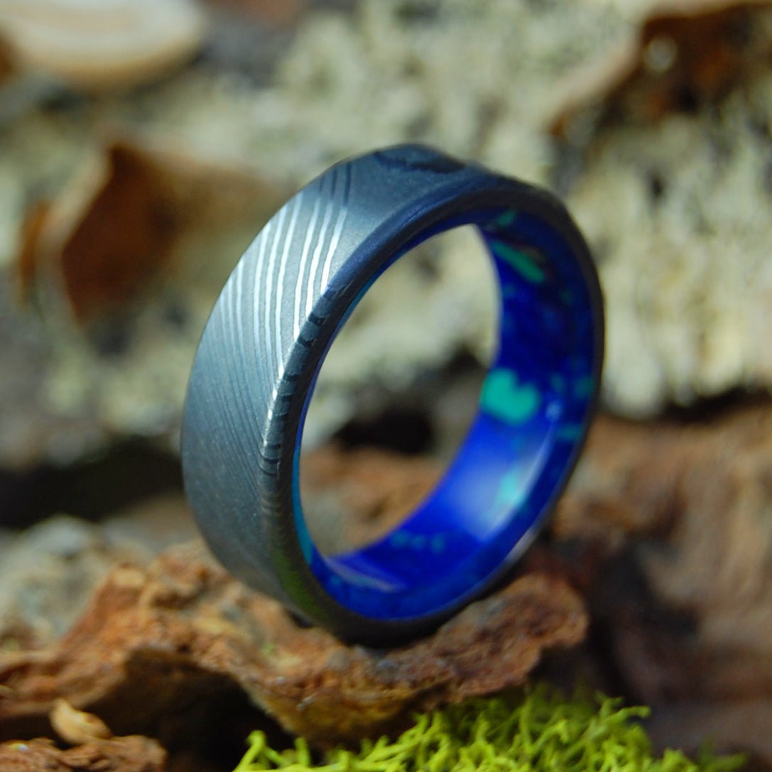 Galaxy Below | Men's Damascus Damasteel, Azurite Malachite Stone & Titanium Wedding Ring - Minter and Richter Designs