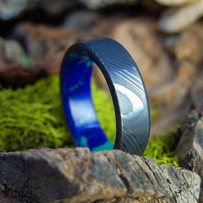 Galaxy Below | Men's Damascus Damasteel, Azurite Malachite Stone & Titanium Wedding Ring - Minter and Richter Designs