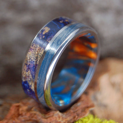 Galaxy King | Men's Blue Silver Mokume Gane, Blue Box Elder Wood, Lava Burst Resin & Titanium Wedding Ring - Minter and Richter Designs