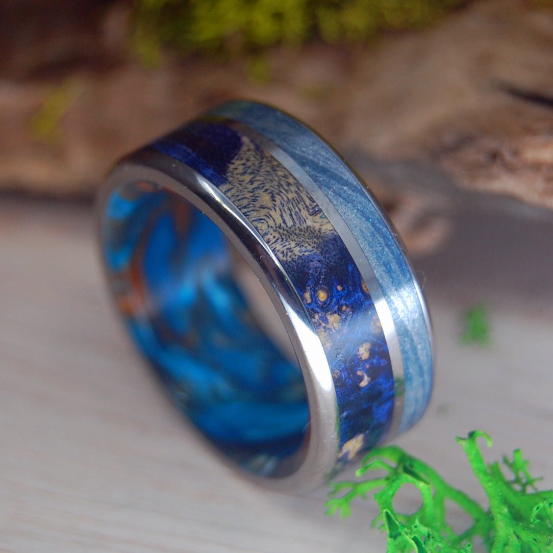 Galaxy King | Men's Blue Silver Mokume Gane, Blue Box Elder Wood, Lava Burst Resin & Titanium Wedding Ring - Minter and Richter Designs