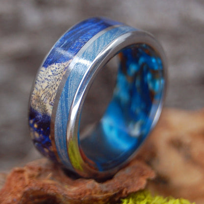 Galaxy King | Men's Blue Silver Mokume Gane, Blue Box Elder Wood, Lava Burst Resin & Titanium Wedding Ring - Minter and Richter Designs