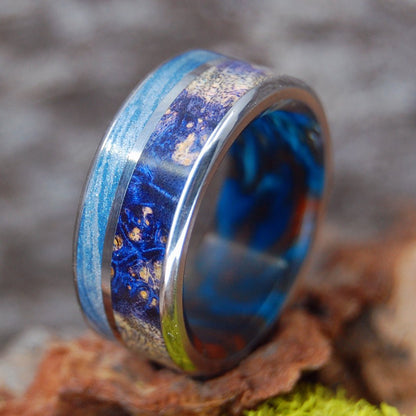 Galaxy King | Men's Blue Silver Mokume Gane, Blue Box Elder Wood, Lava Burst Resin & Titanium Wedding Ring - Minter and Richter Designs