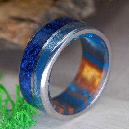 Galaxy King | Men's Blue Silver Mokume Gane, Blue Box Elder Wood, Lava Burst Resin & Titanium Wedding Ring - Minter and Richter Designs