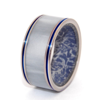 Gandalf | Men's Gray Pearl Opalescent Resin, M3 Blue Silver & Titanium Wedding Ring - Minter and Richter Designs