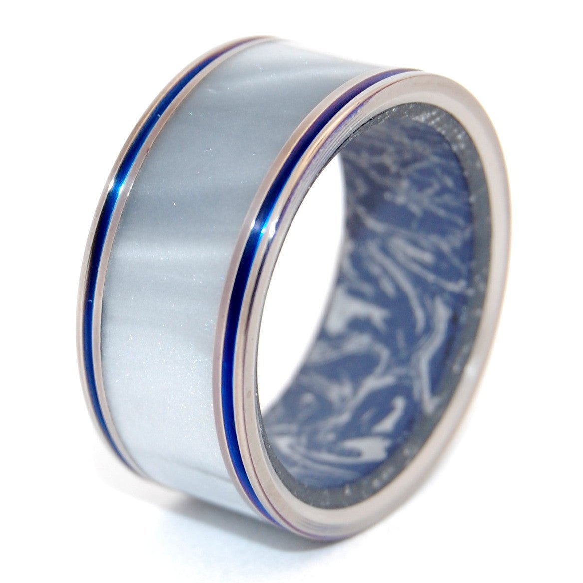 Gandalf | Men's Gray Pearl Opalescent Resin, M3 Blue Silver & Titanium Wedding Ring - Minter and Richter Designs