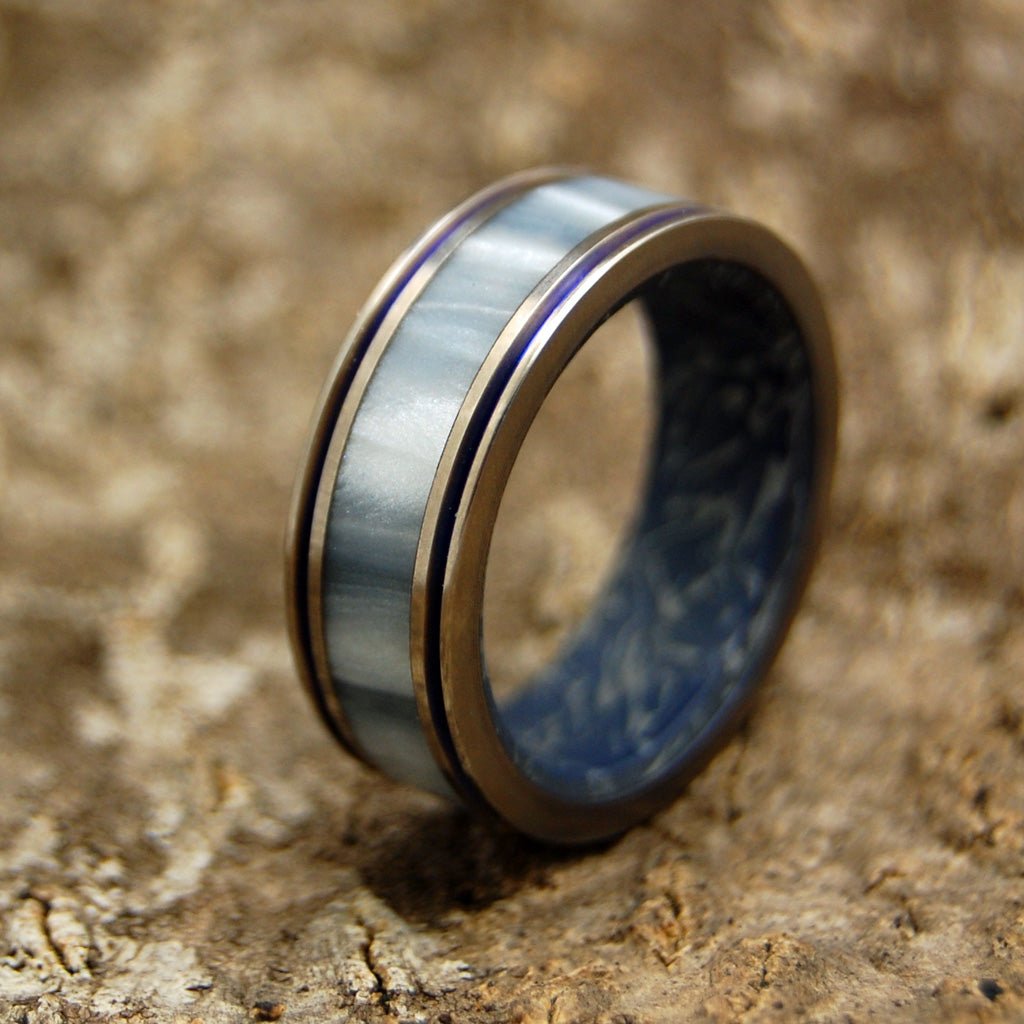 Gandalf | Men's Gray Pearl Opalescent Resin, M3 Blue Silver & Titanium Wedding Ring - Minter and Richter Designs