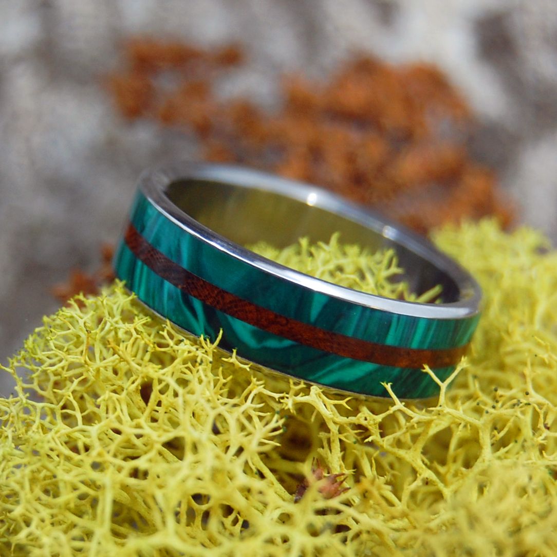 Gathering Moss | Men's Green Malachite, Desert Ironwood & Titanium Wedding Ring - Minter and Richter Designs