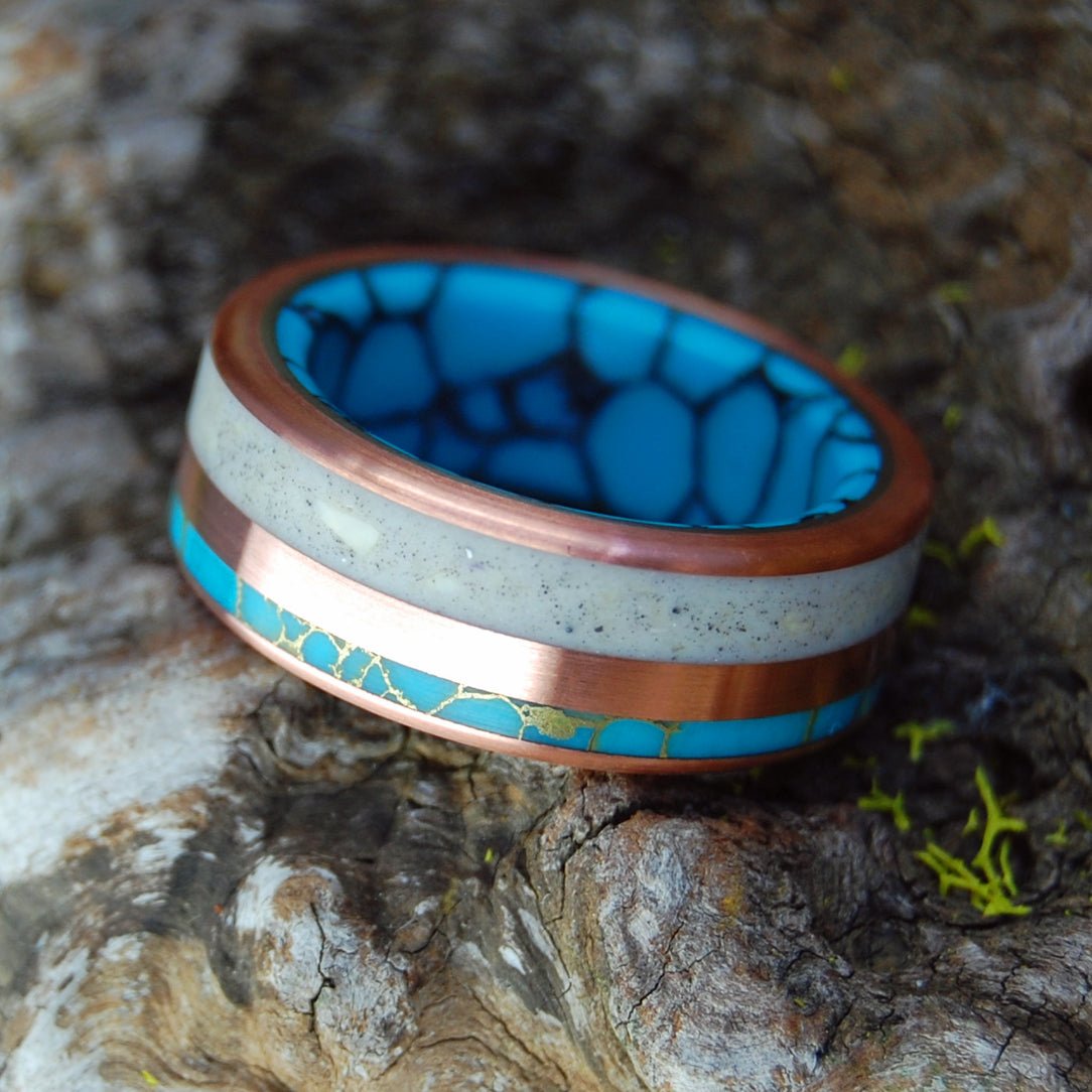 Glacial Relic | Men's Woolly Mammoth Tusk, Copper, Turquoise & Titanium Wedding Ring - Minter and Richter Designs