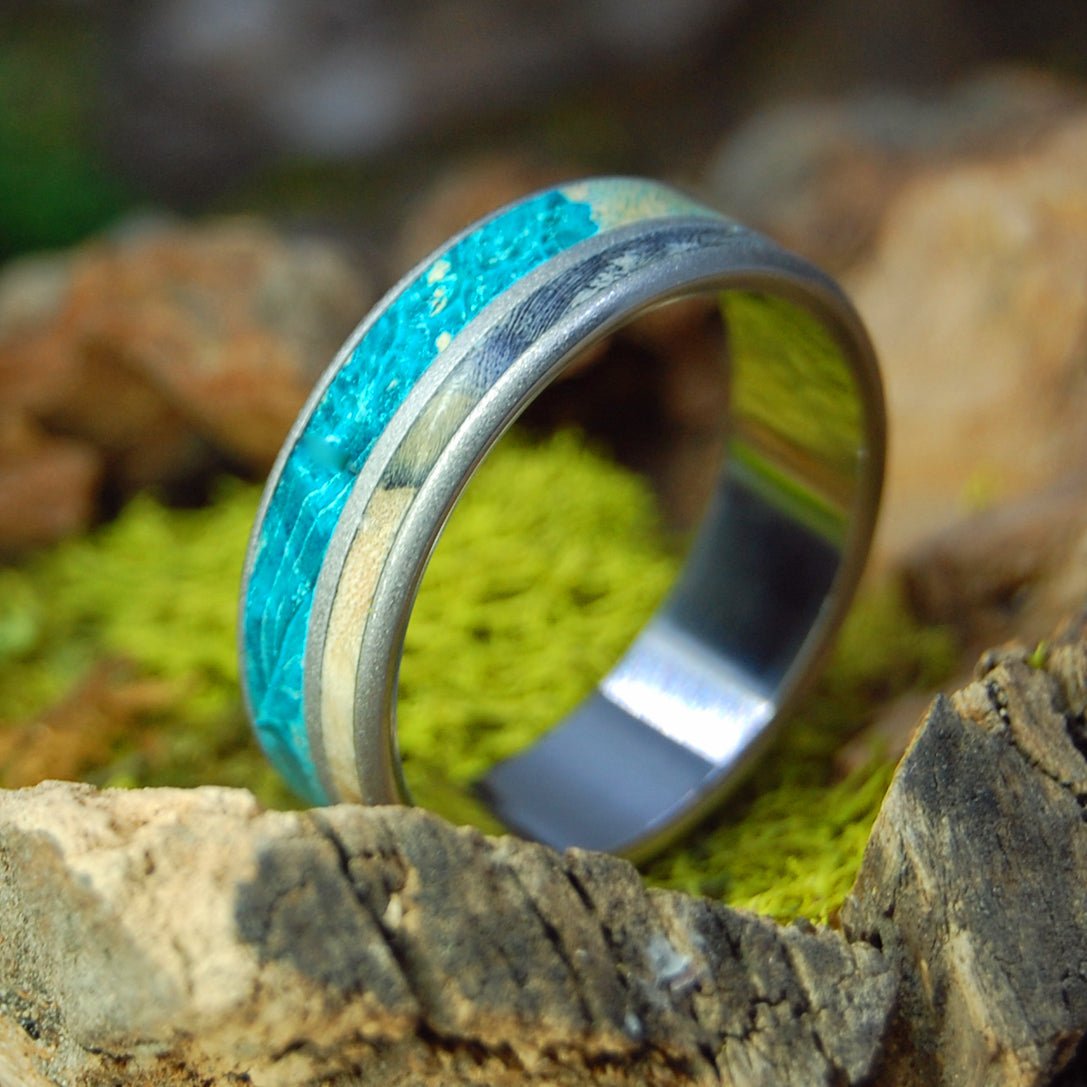 Glass Bead Trust & Commit | Titanium & Turquoise Box Elder & Black Box Elder Wood Wedding Ring - Minter and Richter Designs