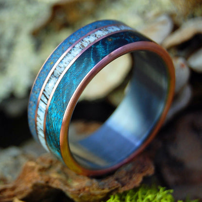 God Loves The Caribou | Men's Blue Maple Wood, Caribou Antler, Lake Superior Beach Sand, Copper & Titanium Wedding Ring - Minter and Richter Designs