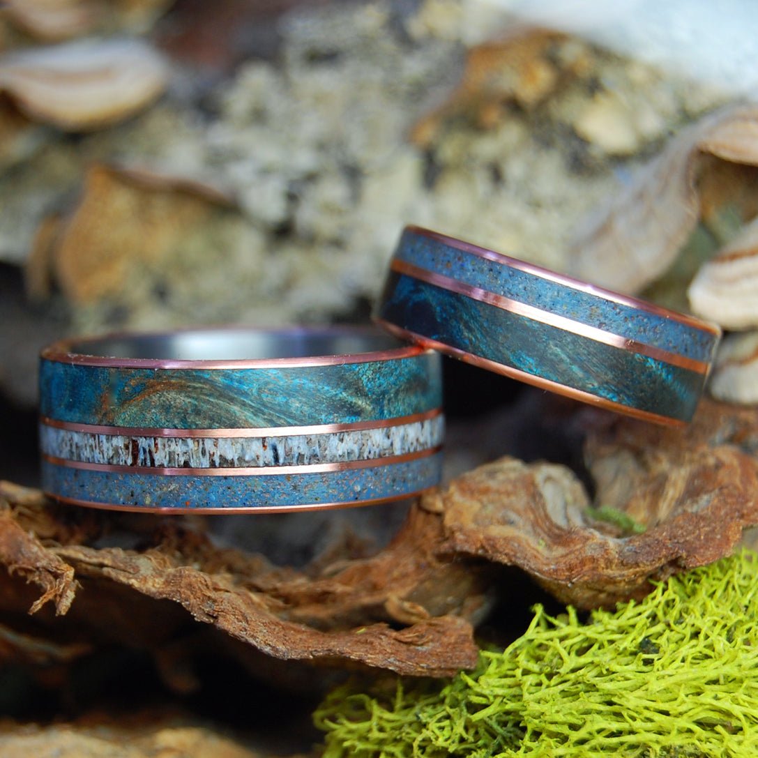 God Loves The Caribou Of Lake Superior | Caribou Antler, Lake Superior Beach Sand, Copper, Blue Maple Wood - Titanium Wedding Ring Set - Minter and Richter Designs