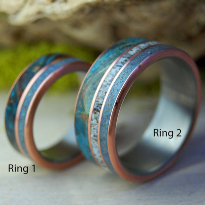 God Loves The Caribou Of Lake Superior | Caribou Antler, Lake Superior Beach Sand, Copper, Blue Maple Wood - Titanium Wedding Ring Set - Minter and Richter Designs