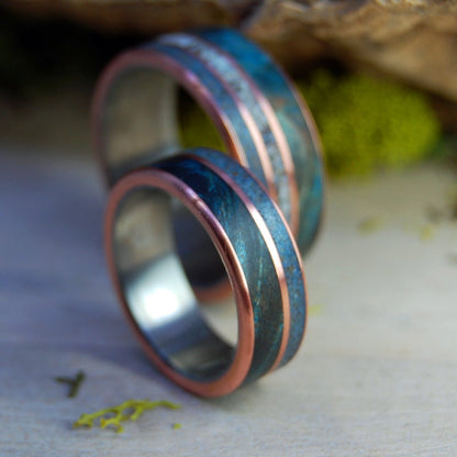 God Loves The Caribou Of Lake Superior | Caribou Antler, Lake Superior Beach Sand, Copper, Blue Maple Wood - Titanium Wedding Ring Set - Minter and Richter Designs