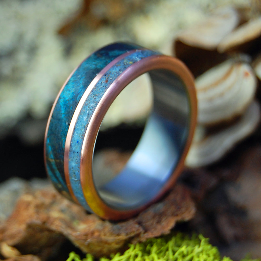 GOD LOVES LAKE SUPERIOR | Blue Maple, Lake Superior Beach Sand and Ground Caribou Antler - Titanium Wedding Rings - Minter and Richter Designs