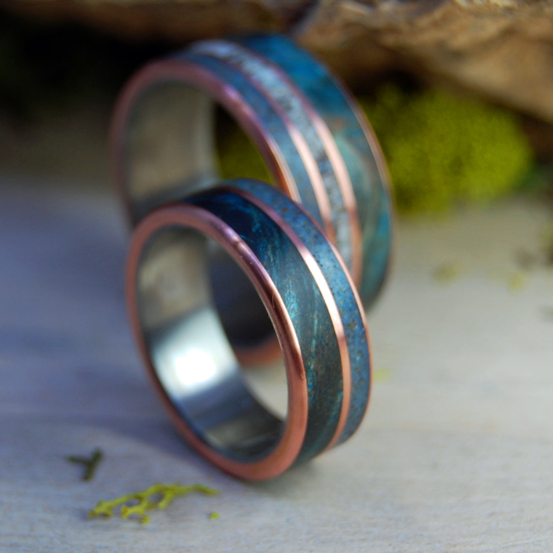 GOD LOVES THE CARIBOU OF LAKE SUPERIOR | Caribou Antler, Lake Superior Beach Sand, Copper, Blue Maple Wood - Titanium Wedding Ring Set - Minter and Richter Designs