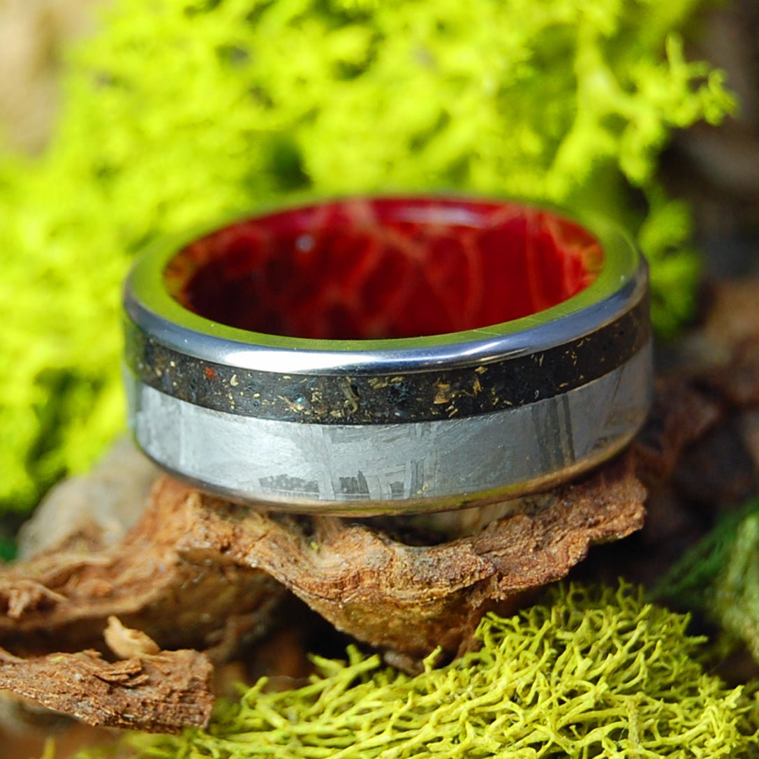 Gold, Diamonds, Meteorite, Lava | Men's Black Icelandic Lava, Meteorite, Gold and Diamonds & Titanium Wedding Ring - Minter and Richter Designs