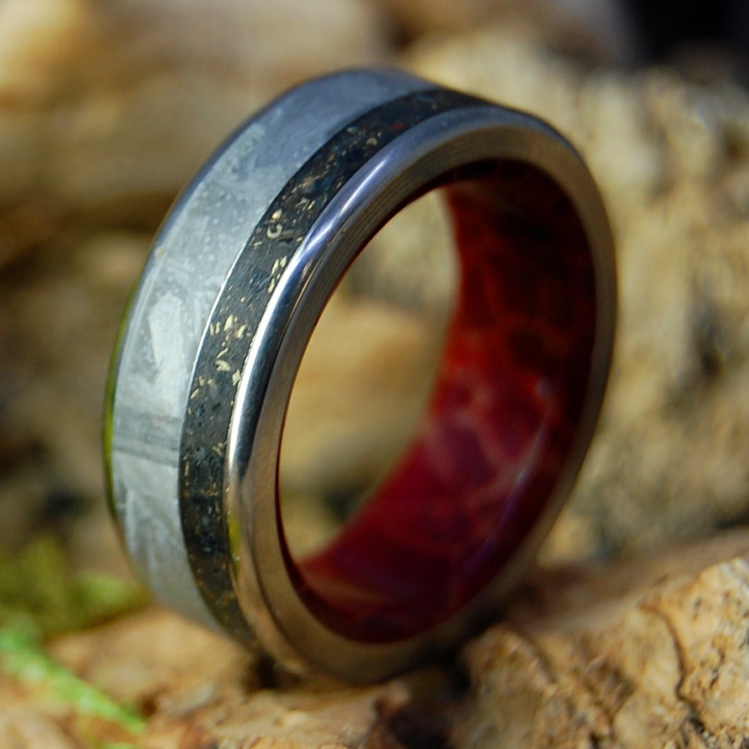 Gold, Diamonds, Meteorite, Lava | Men's Black Icelandic Lava, Meteorite, Gold and Diamonds & Titanium Wedding Ring - Minter and Richter Designs