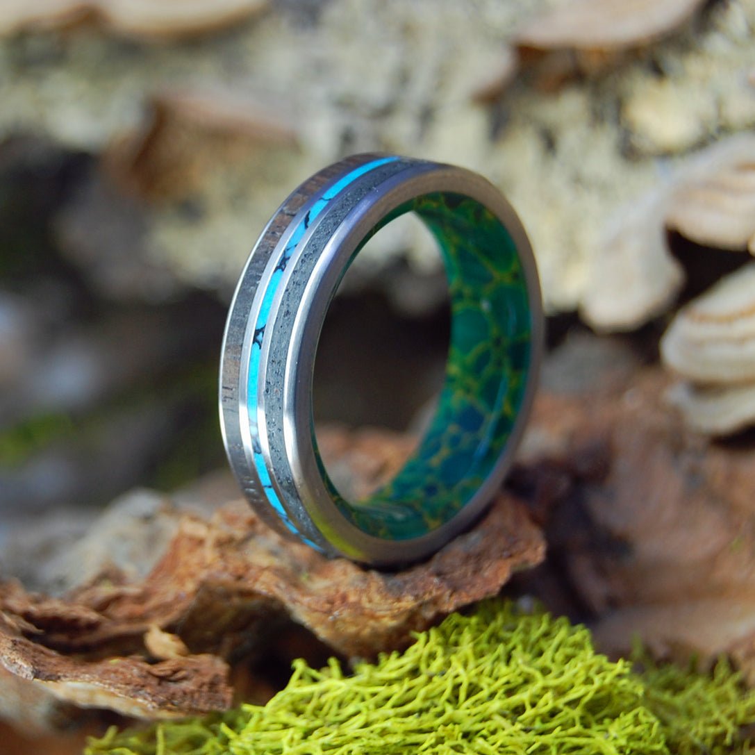 Gold Green Lava | Men's Icelandic Lava, Koa Wood, Turquoise, Jade & Titanium Wedding Ring - Minter and Richter Designs