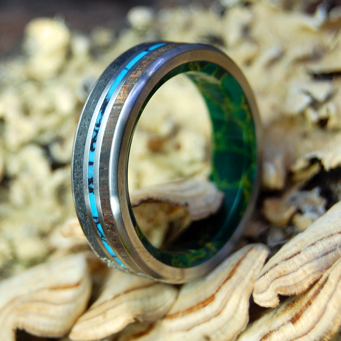 Gold Green Lava | Men's Icelandic Lava, Koa Wood, Turquoise, Jade & Titanium Wedding Ring - Minter and Richter Designs