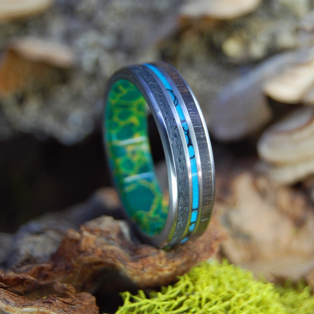 Gold Green Lava | Men's Icelandic Lava, Koa Wood, Turquoise, Jade & Titanium Wedding Ring - Minter and Richter Designs