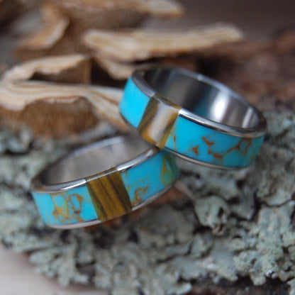 Gold Rush Tiger | Kingman Turquoise & Tiger Eye - Titanium Wedding Ring - Minter and Richter Designs