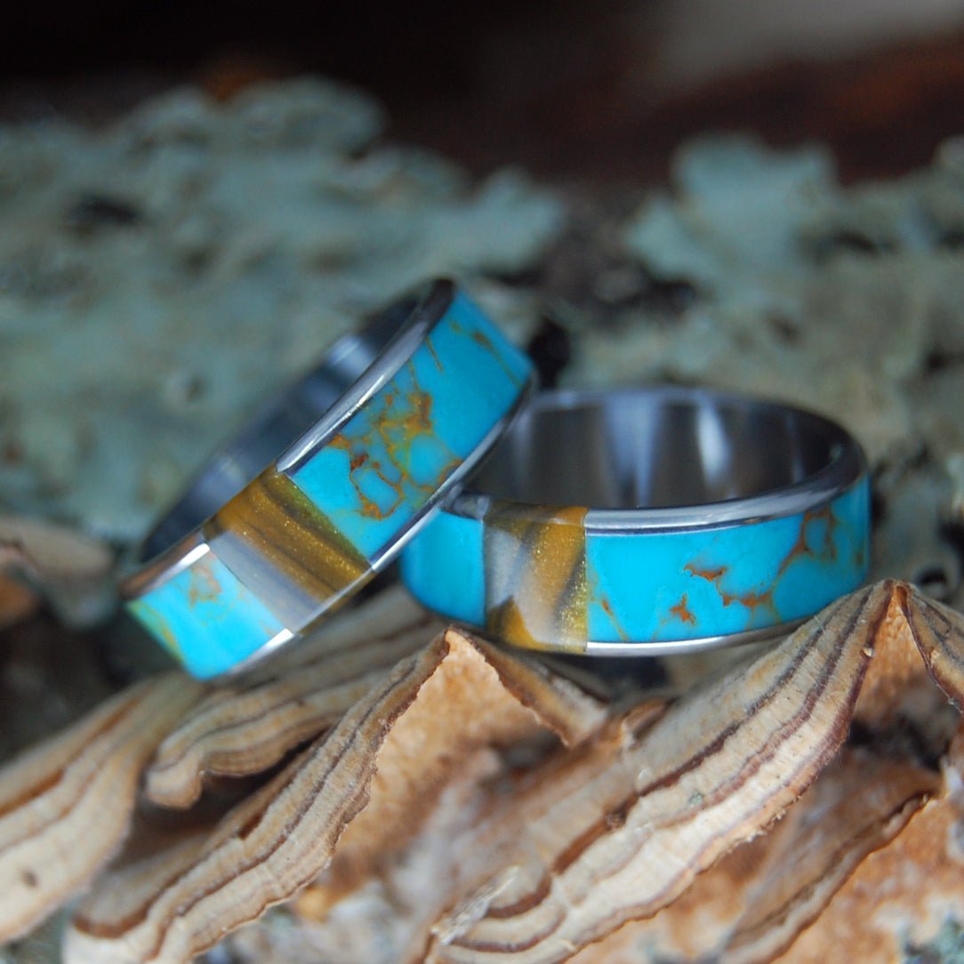 Gold Rush Tiger | Kingman Turquoise & Tiger Eye - Titanium Wedding Ring - Minter and Richter Designs