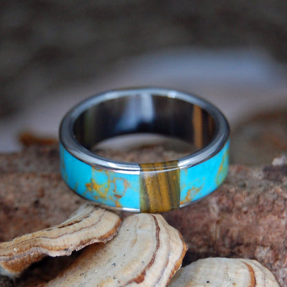 Gold Rush Tiger | Men's Kingman Turquoise, Tiger Eye Stone & Gold Wedding Ring - Minter and Richter Designs