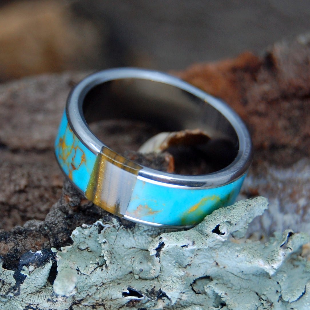 Gold Rush Tiger | Men's Kingman Turquoise, Tiger Eye Stone & Gold Wedding Ring - Minter and Richter Designs