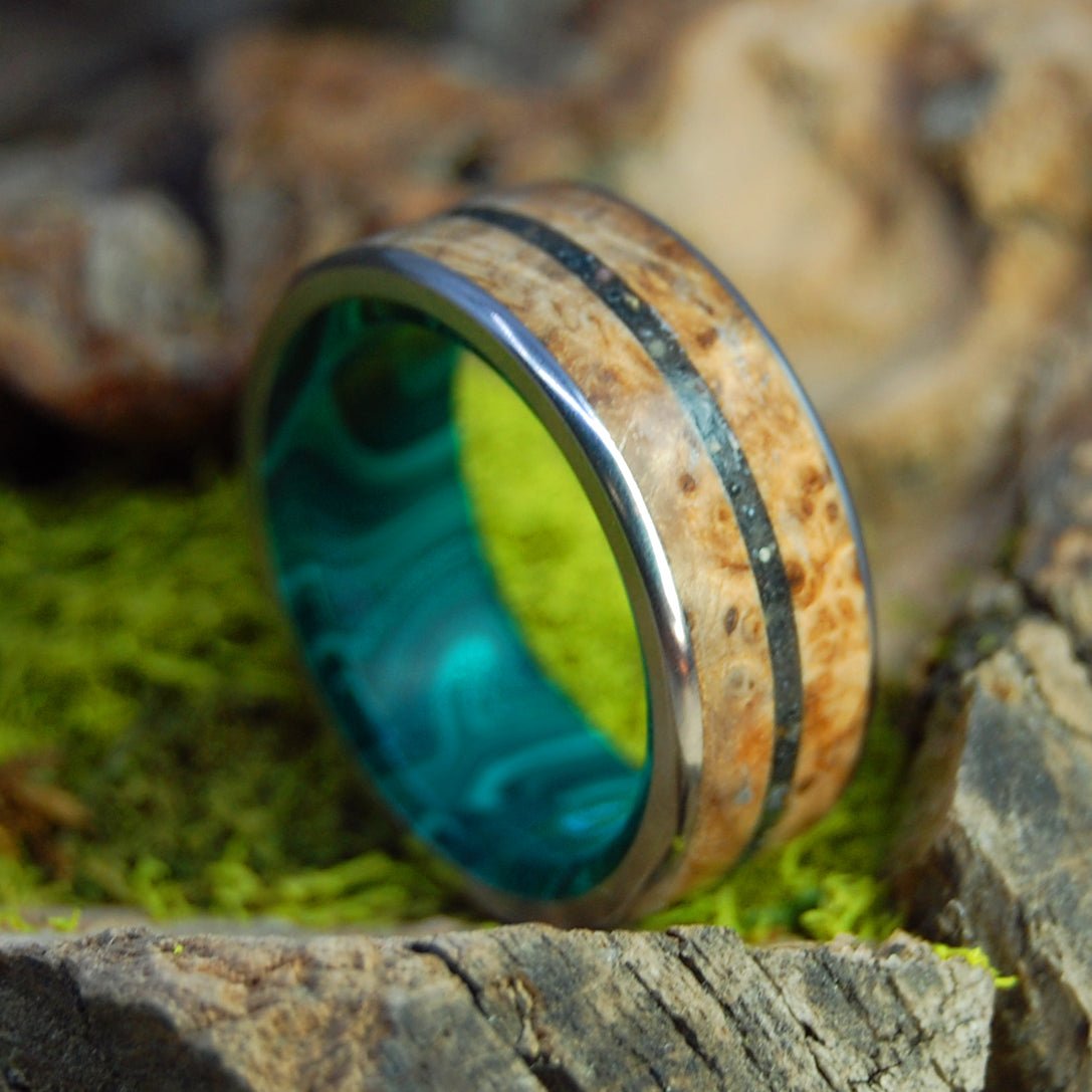 Golden Iceland Ii | Men's Lava, Malachite Stone, Golden Box Elder & Titanium Wedding Ring - Minter and Richter Designs