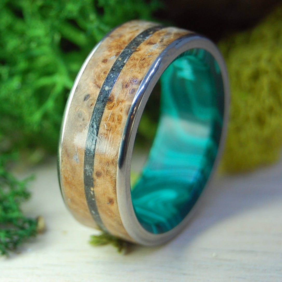 Golden Iceland Ii | Men's Lava, Malachite Stone, Golden Box Elder & Titanium Wedding Ring - Minter and Richter Designs