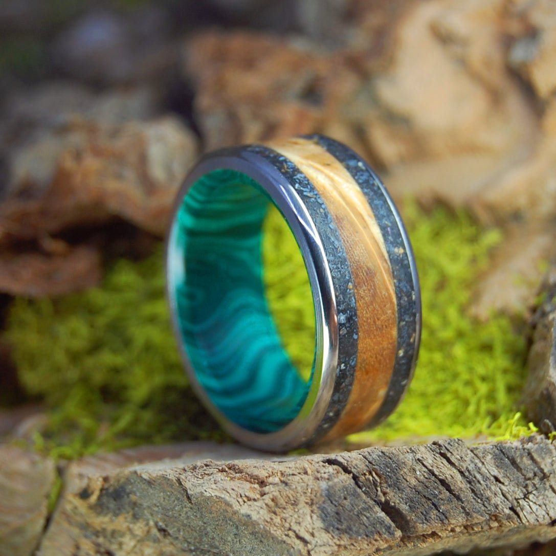 Golden Iceland | Men's Lava, Malachite Stone, & Golden Box Elder Wedding Ring - Minter and Richter Designs