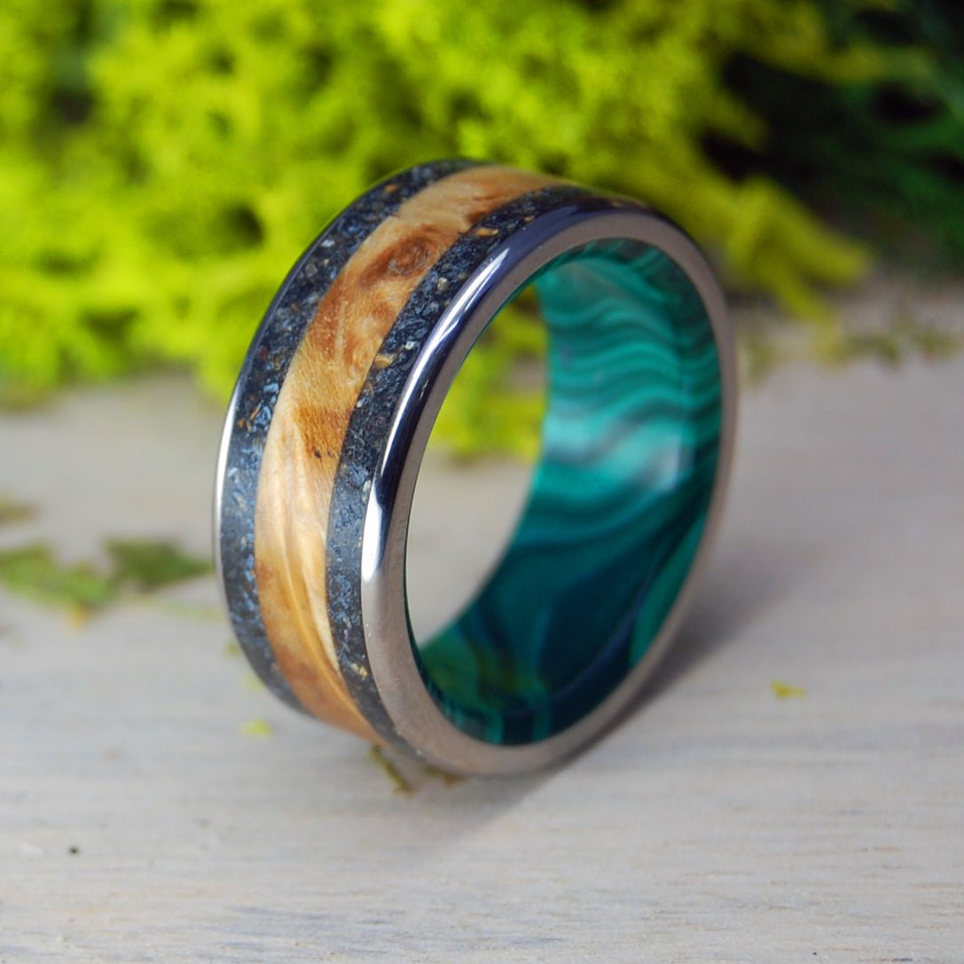 Golden Iceland | Men's Lava, Malachite Stone, & Golden Box Elder Wedding Ring - Minter and Richter Designs