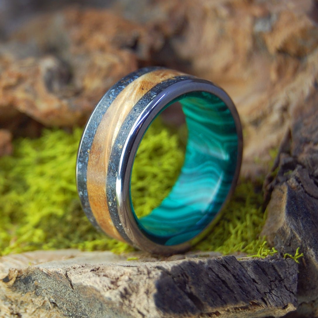 Golden Iceland | Men's Lava, Malachite Stone, & Golden Box Elder Wedding Ring - Minter and Richter Designs