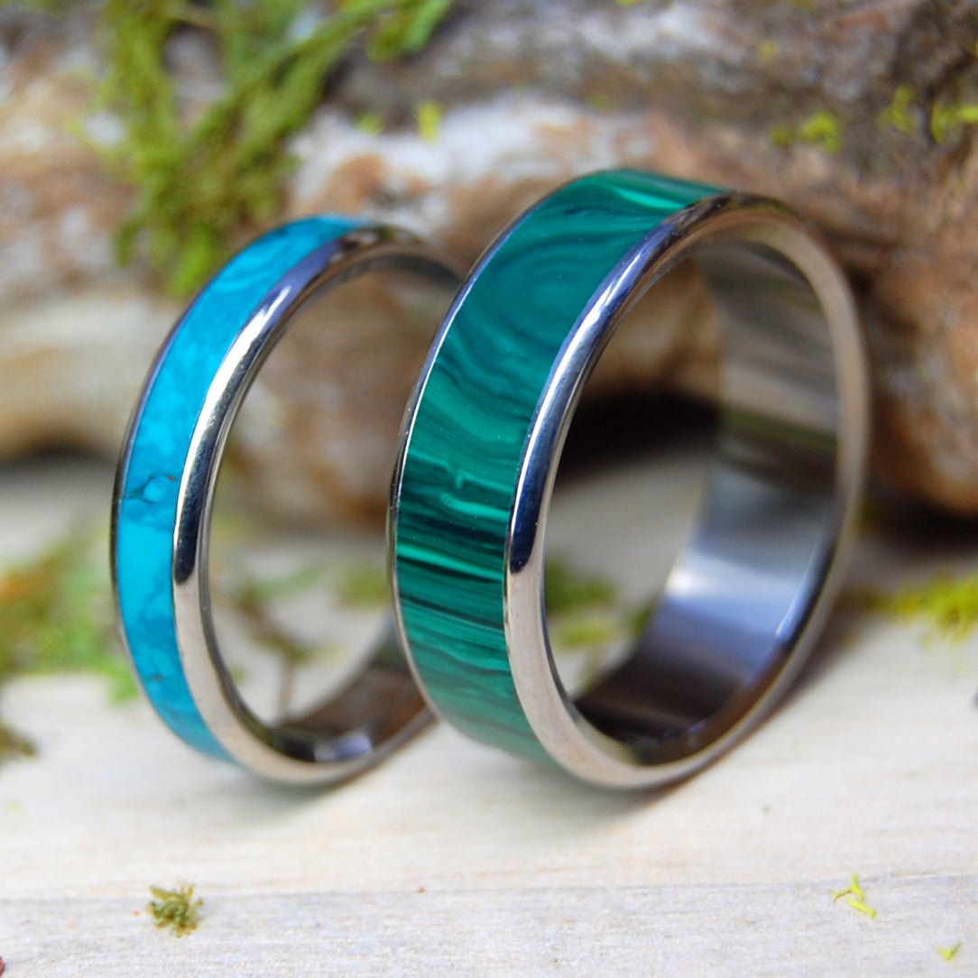 Golden Promise / Only Light Can Drive Out Darkness | Malachite & Chrysocolla Wedding Band Set - Minter and Richter Designs